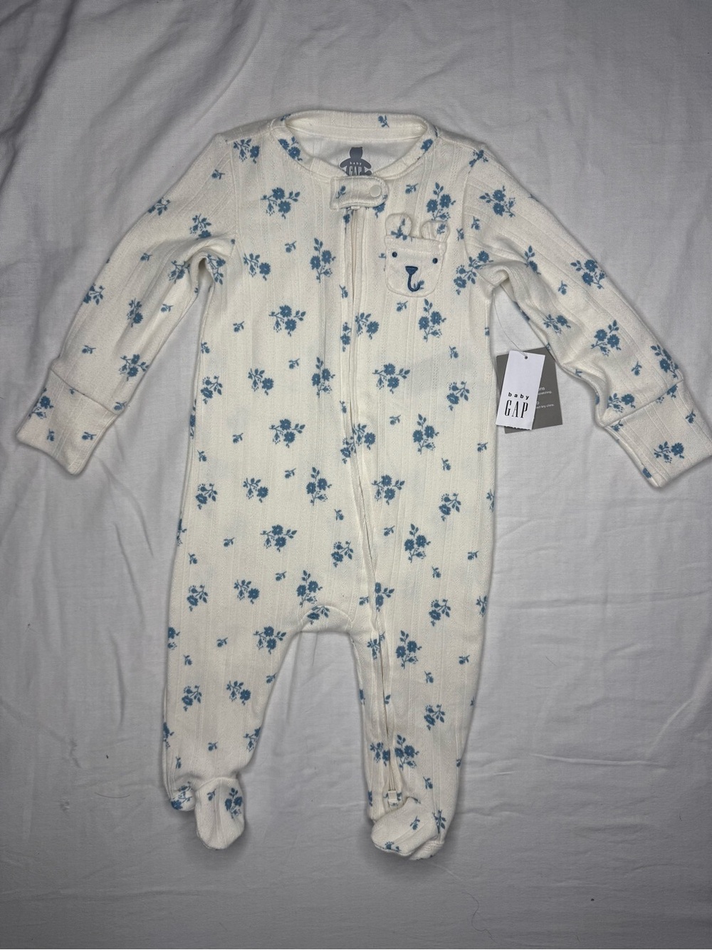GAP Cream One-Piece Footed Pajamas with Blue Floral Print